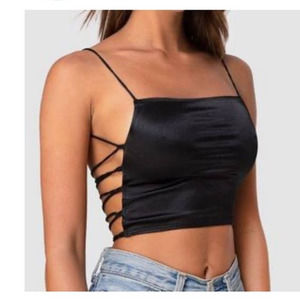 Motel Ozca black strappy open back satin crop top, XS